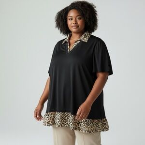NWT New $89 Adrianna Papell V-Neck Flutter Sleeve Black animal Print Top Size 1X